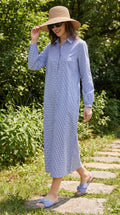 Gingham Blue Cotton Shirt Dress – Long Sleeve Maxi