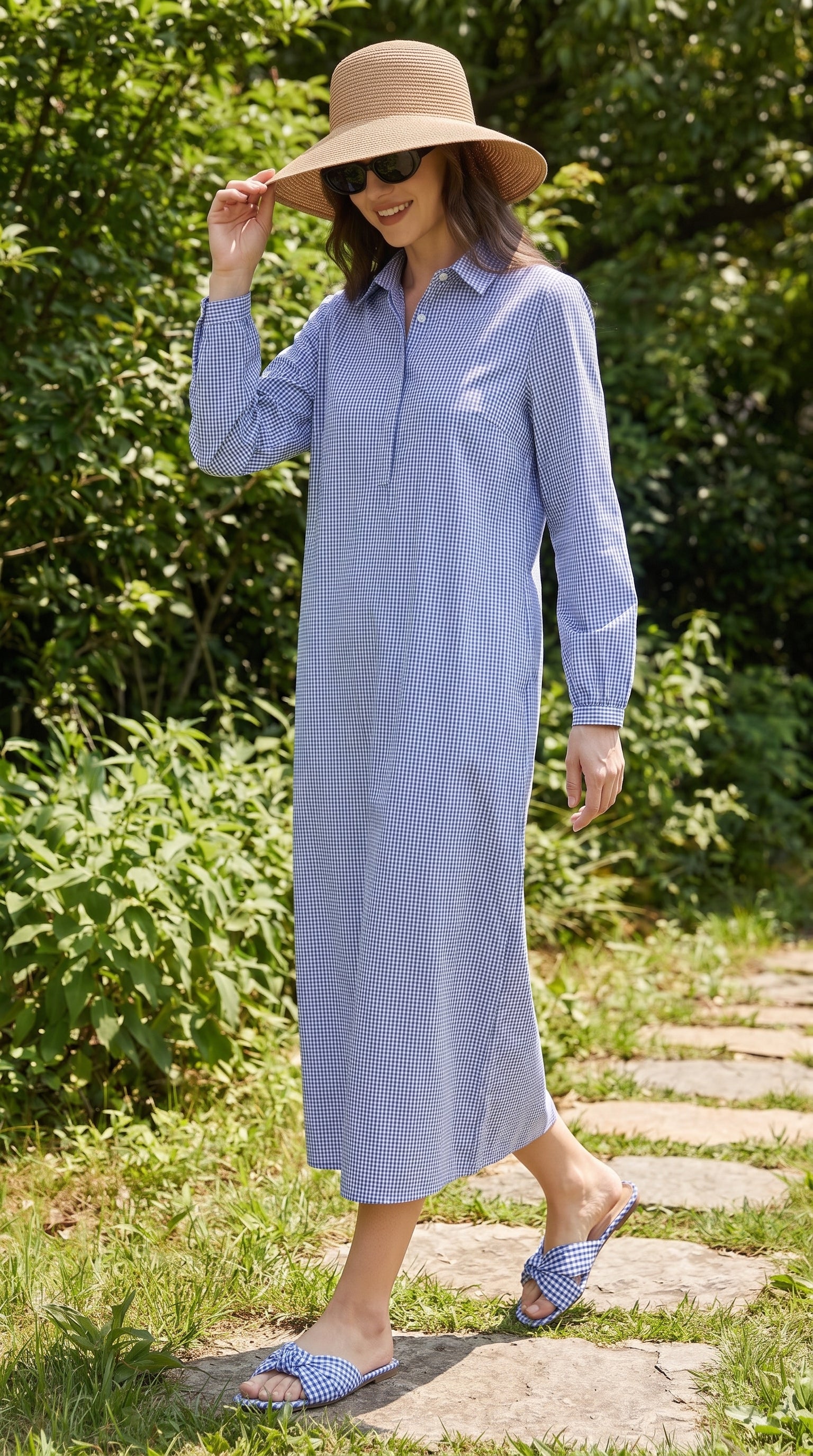 Gingham Blue Cotton Shirt Dress – Long Sleeve Maxi