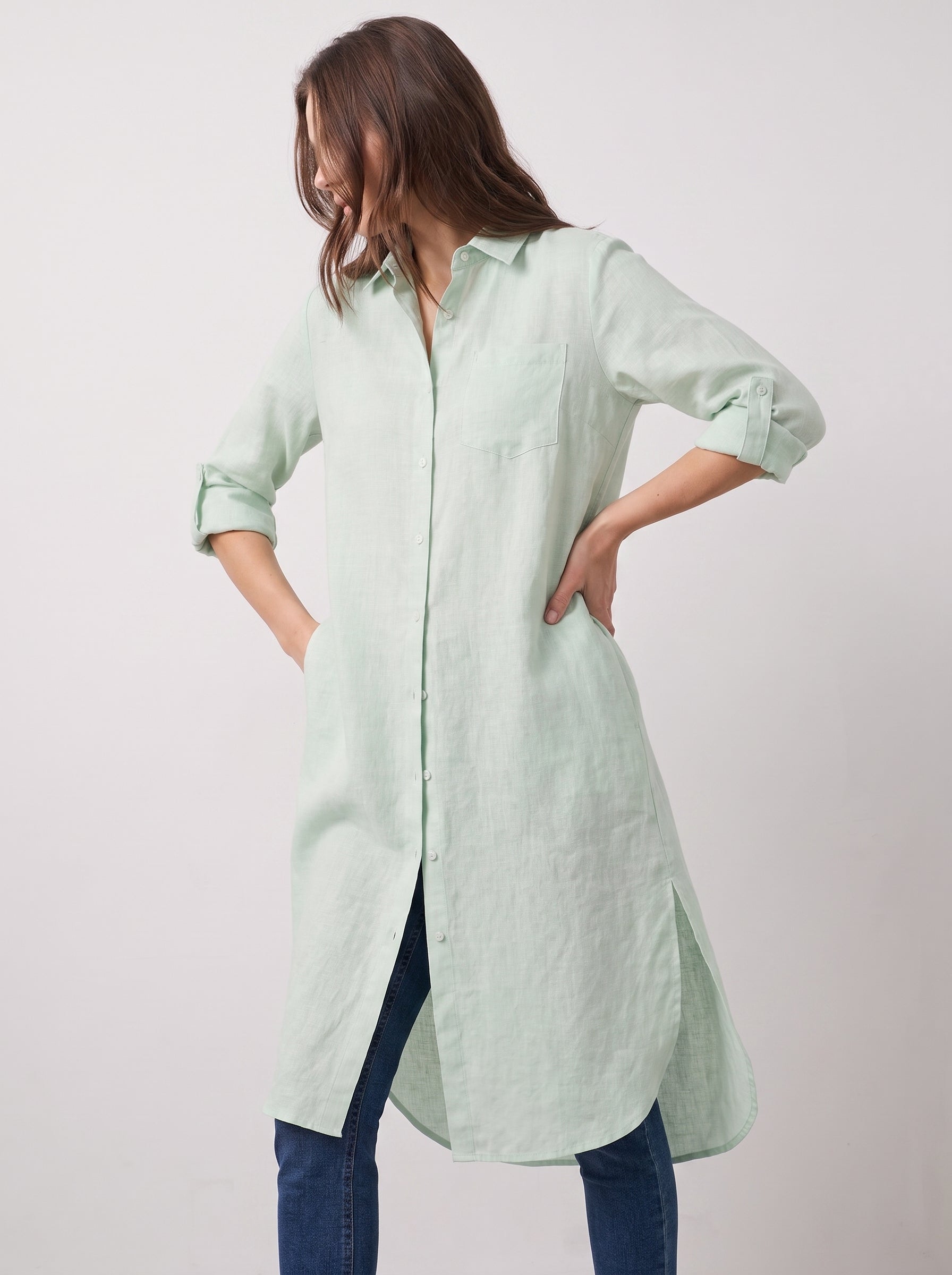 Sage Green Longline Lawn Shirt Dress – Roll-Up Sleeves