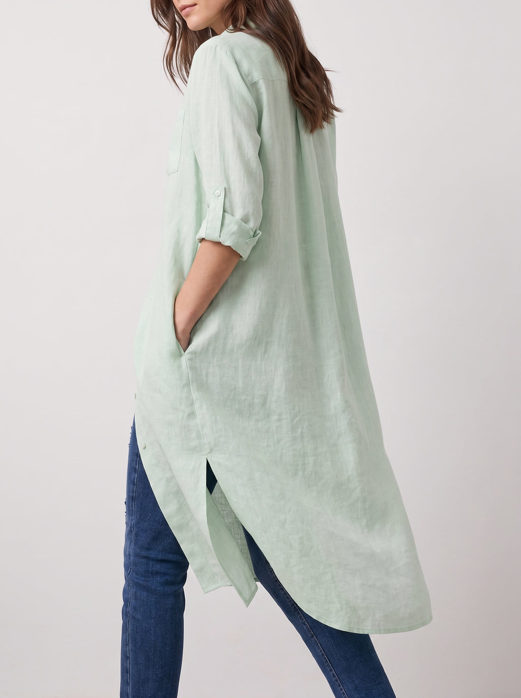 Sage Green Longline Lawn Shirt Dress – Roll-Up Sleeves