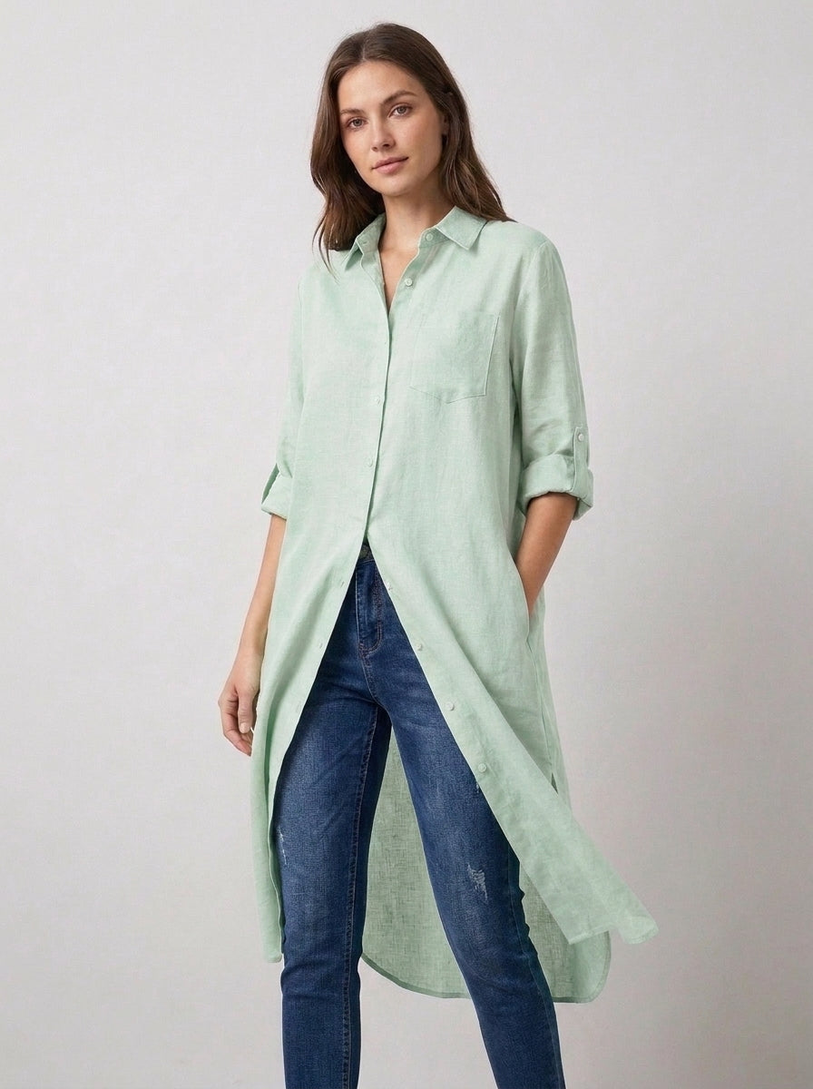 Sage Green Longline Lawn Shirt Dress – Roll-Up Sleeves