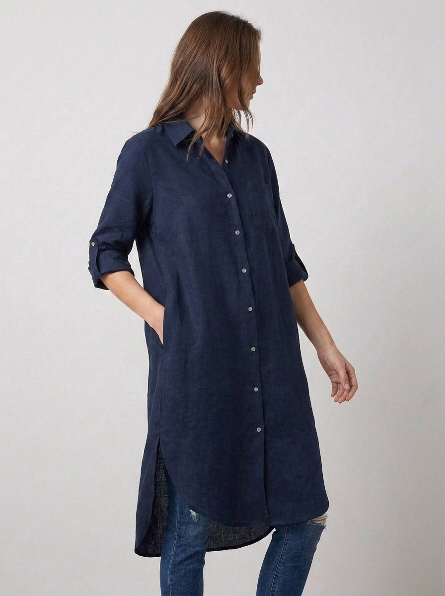 Blue Long Roll Up Sleeves Top