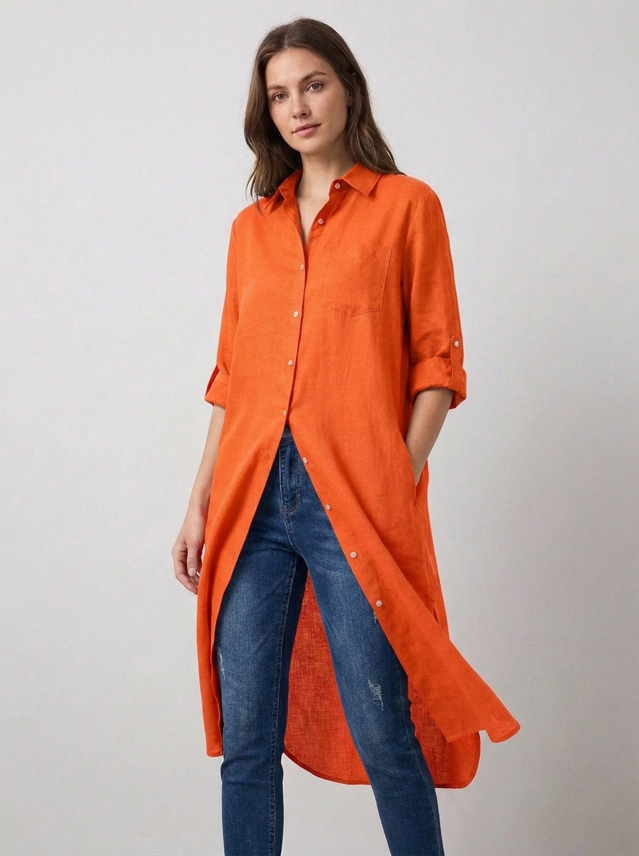 Orange Longline Lawn Top | Roll-Up Sleeves & Pockets