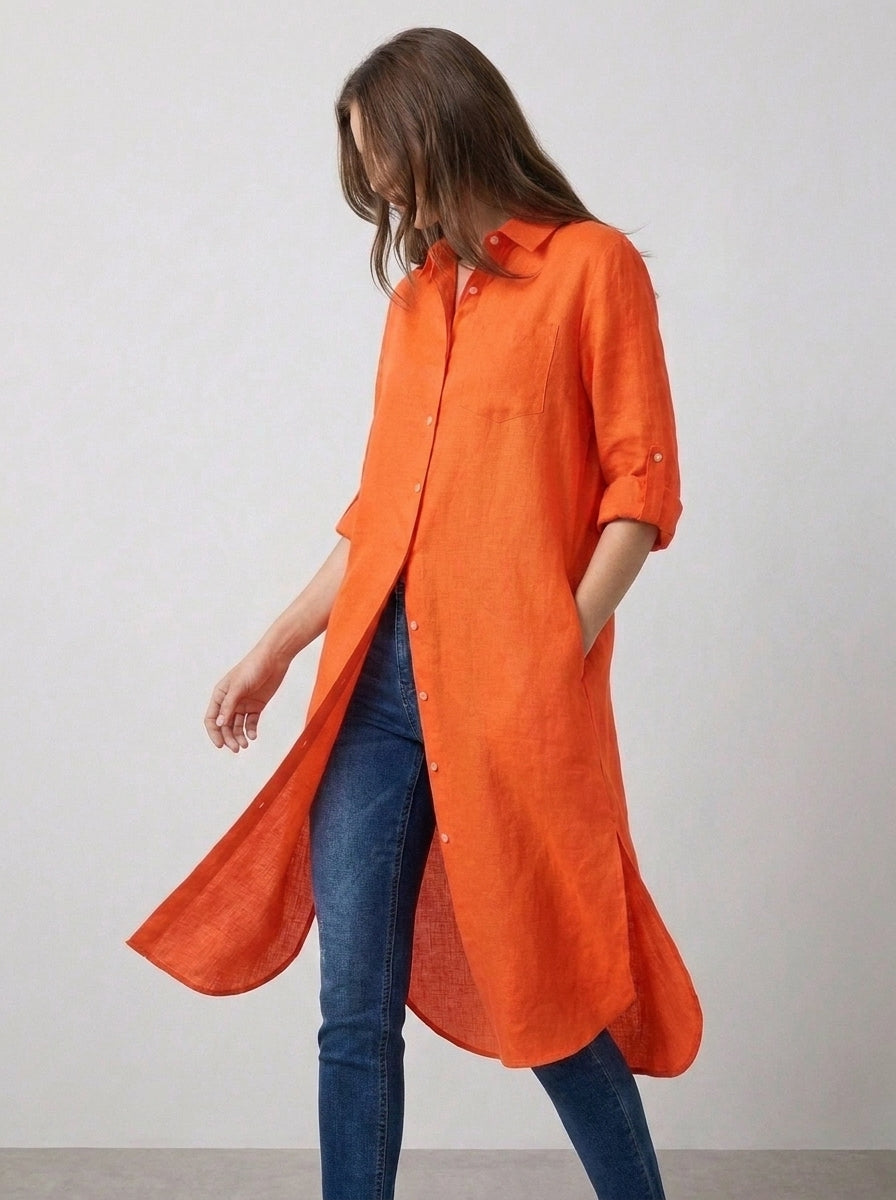 Orange Longline Lawn Top | Roll-Up Sleeves & Pockets