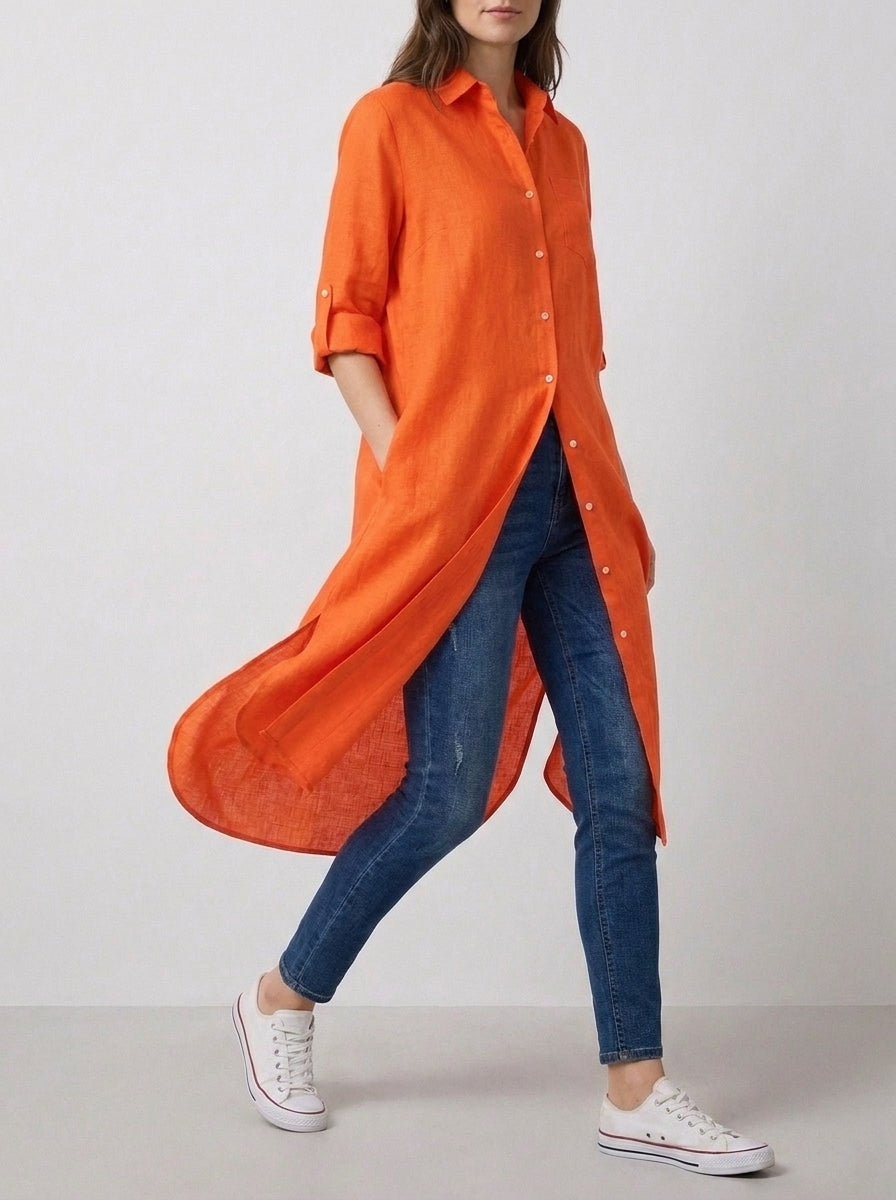 Orange Longline Lawn Top | Roll-Up Sleeves & Pockets