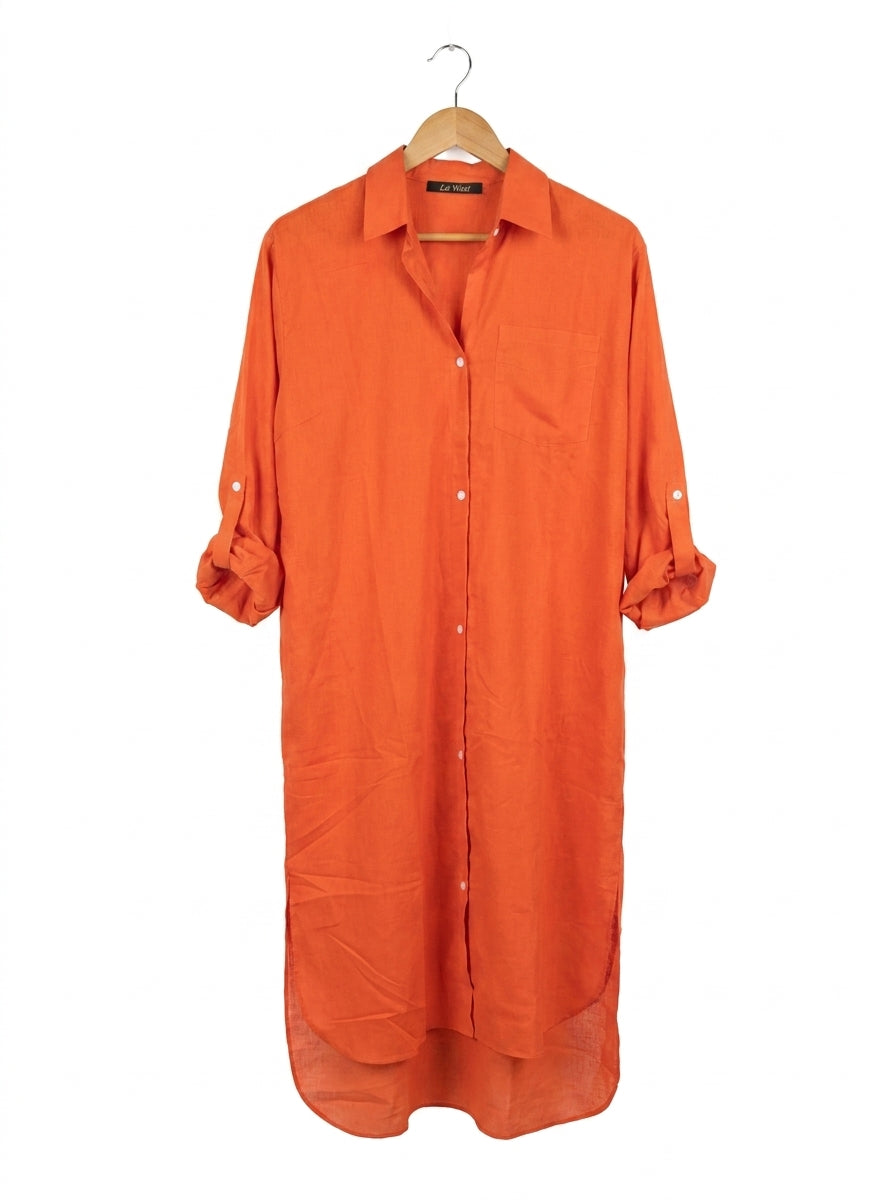 Orange Longline Lawn Top | Roll-Up Sleeves & Pockets