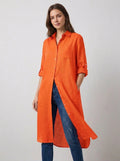 Orange Longline Lawn Top | Roll-Up Sleeves & Pockets