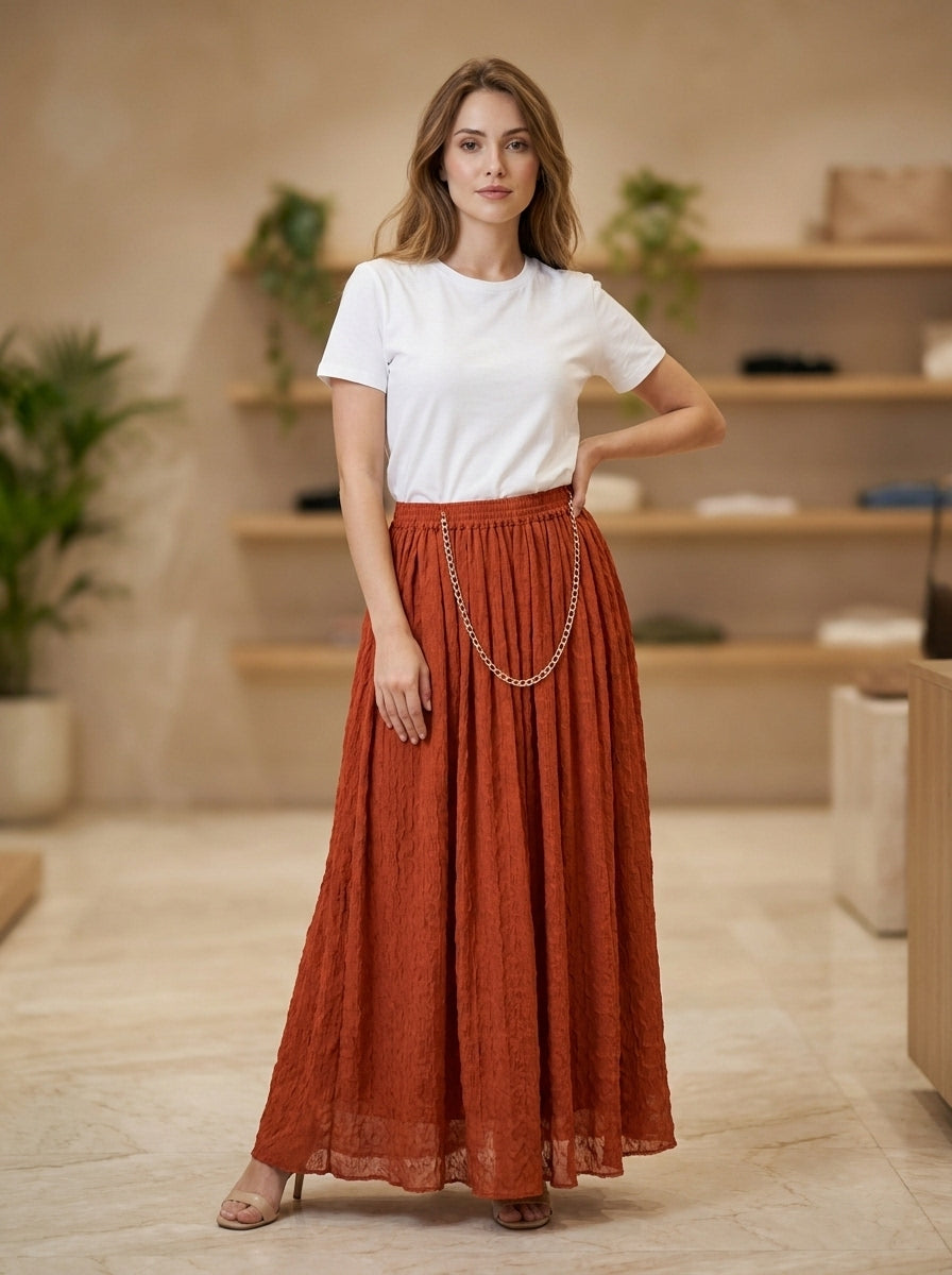 Rust Orange Pleated Crush Chiffon Maxi Skirt with Elastic Waist