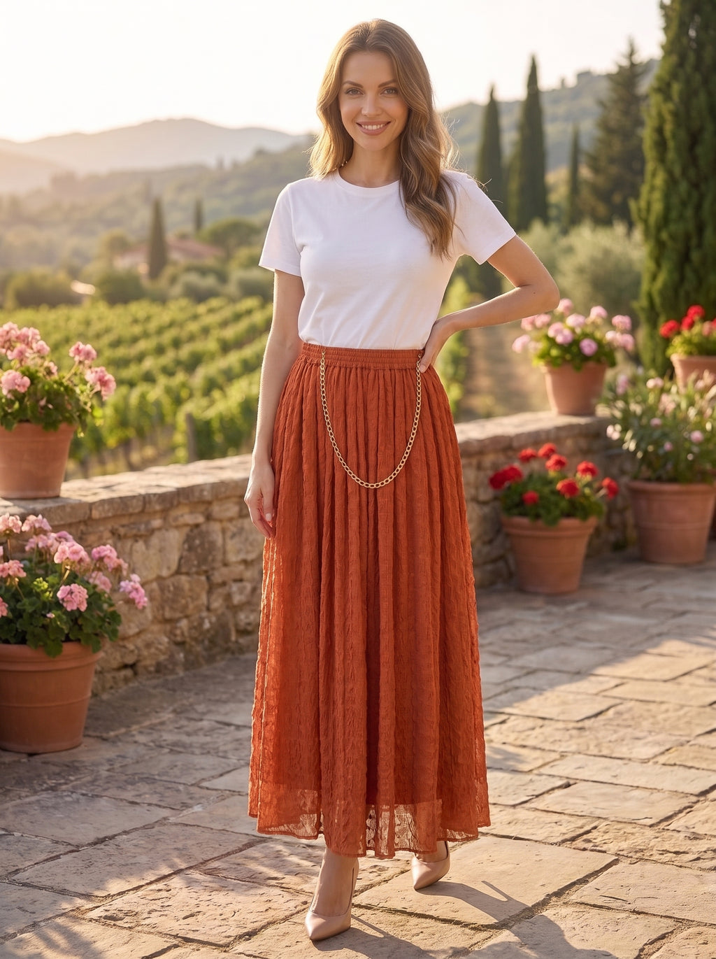 Rust Orange Pleated Crush Chiffon Maxi Skirt with Elastic Waist