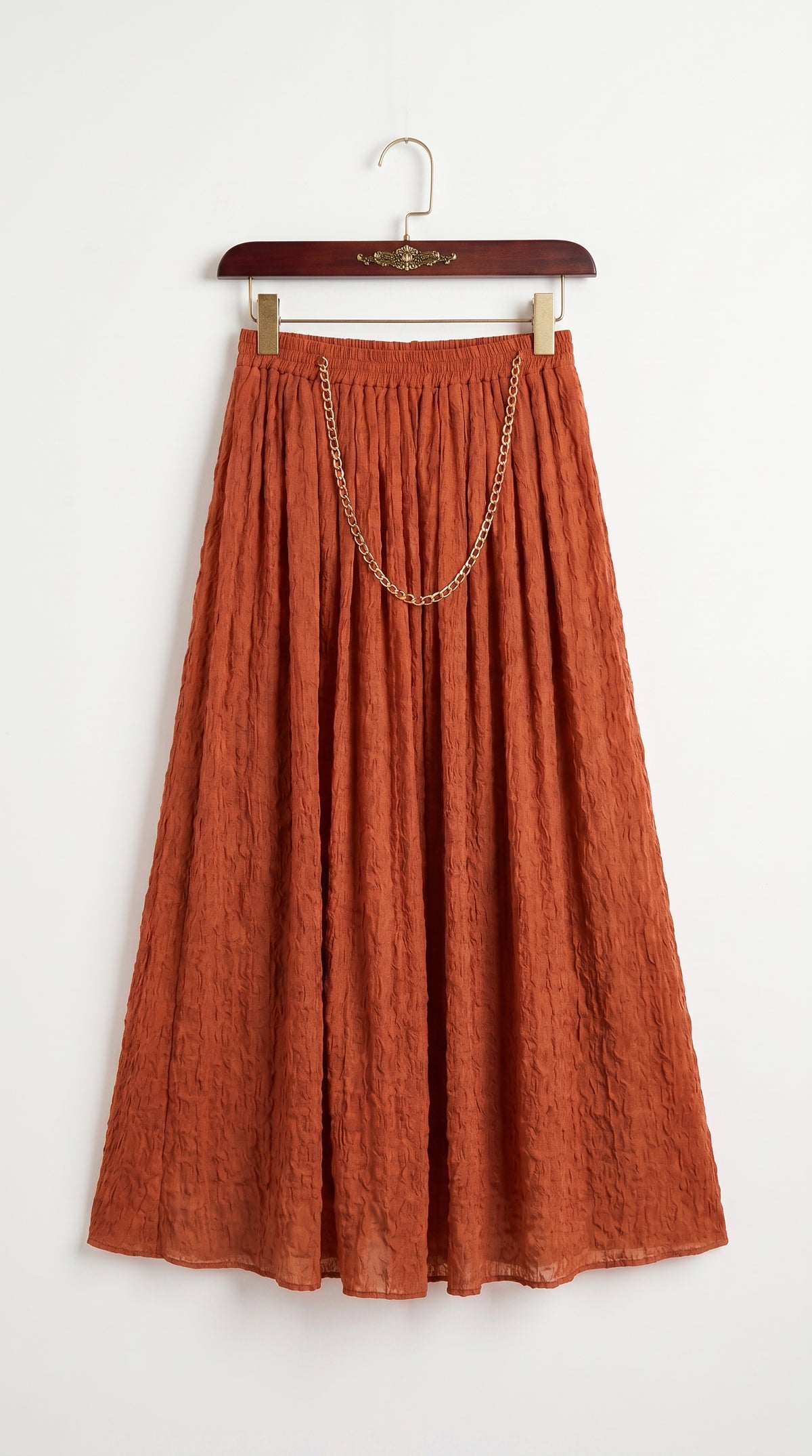 Rust Orange Pleated Crush Chiffon Maxi Skirt with Elastic Waist