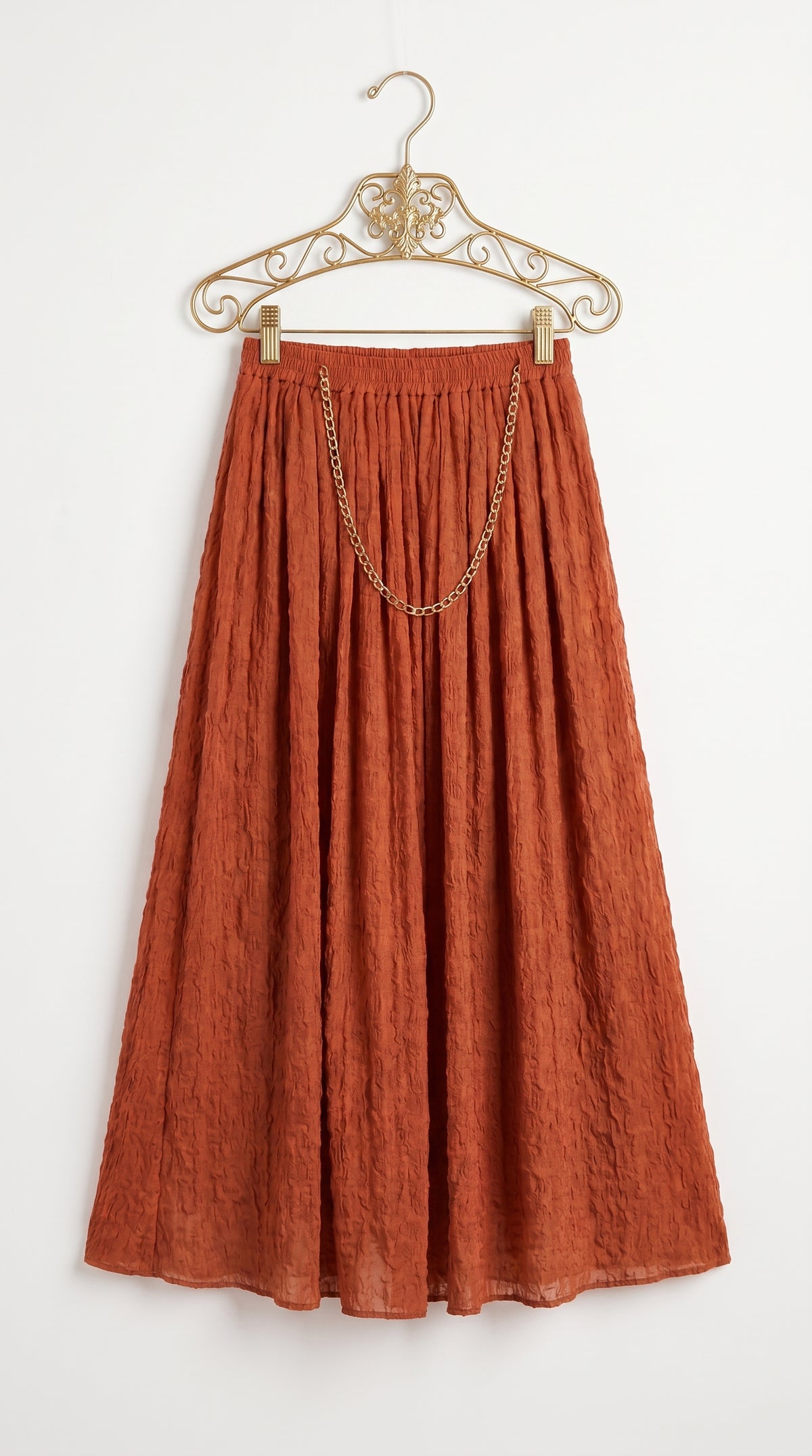 Rust Orange Pleated Crush Chiffon Maxi Skirt with Elastic Waist