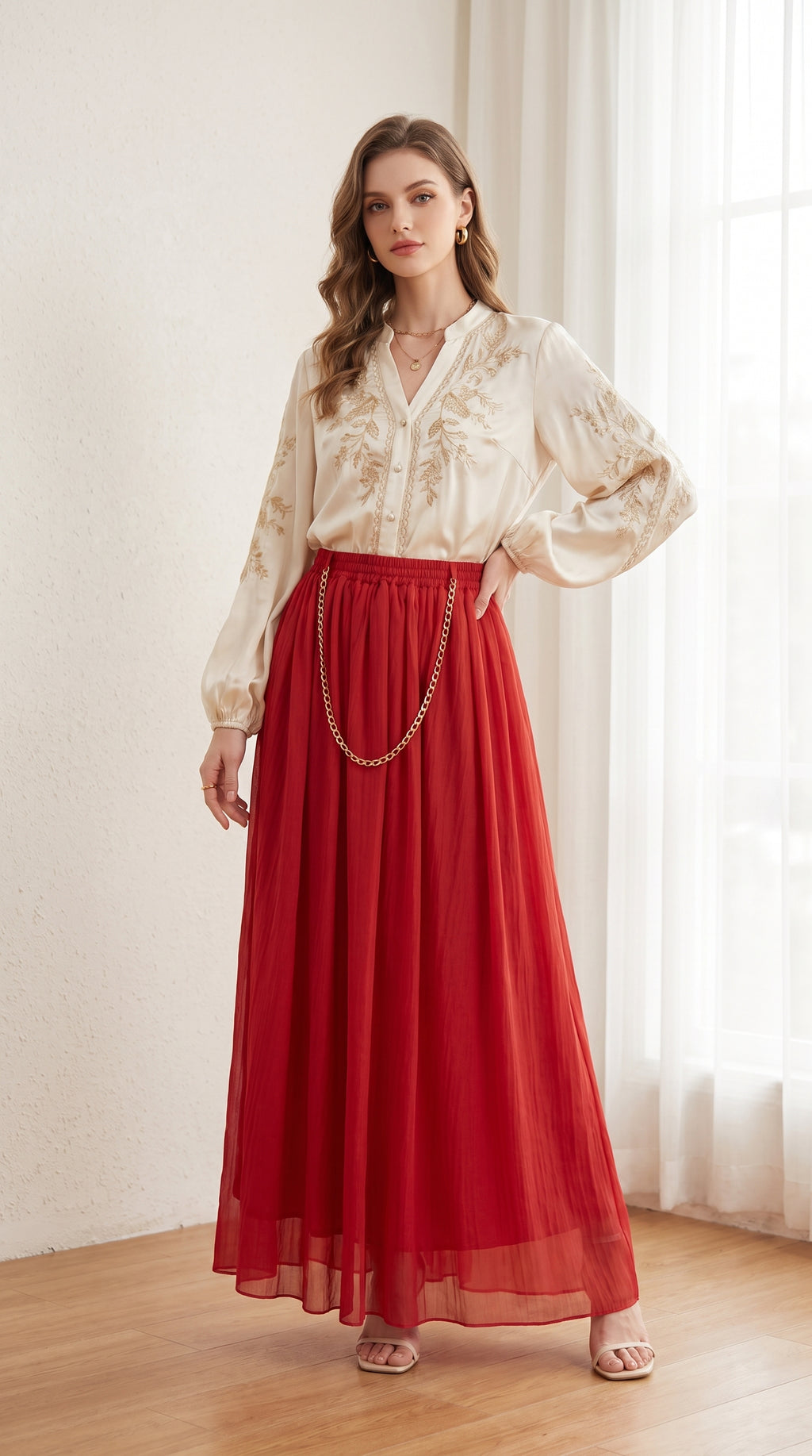 Scarlet Flow Elastic-Waist Maxi Skirt with Gold Chain Accent