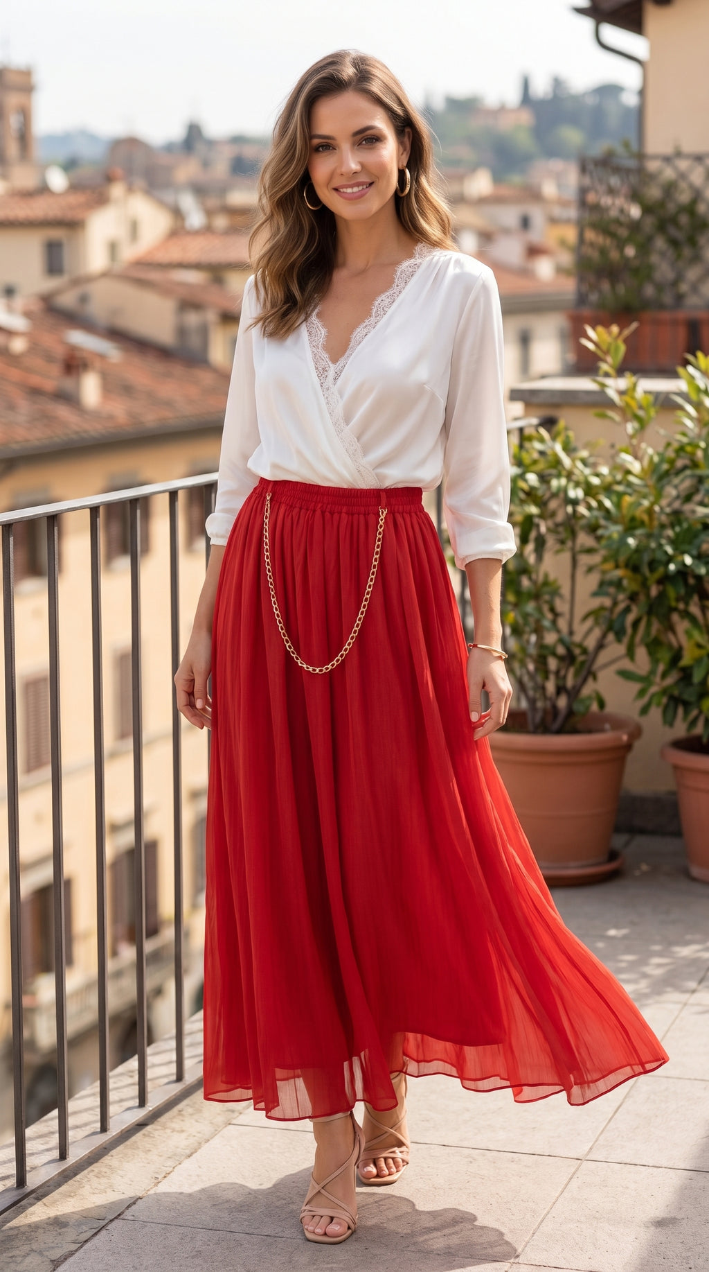 Scarlet Flow Elastic-Waist Maxi Skirt with Gold Chain Accent