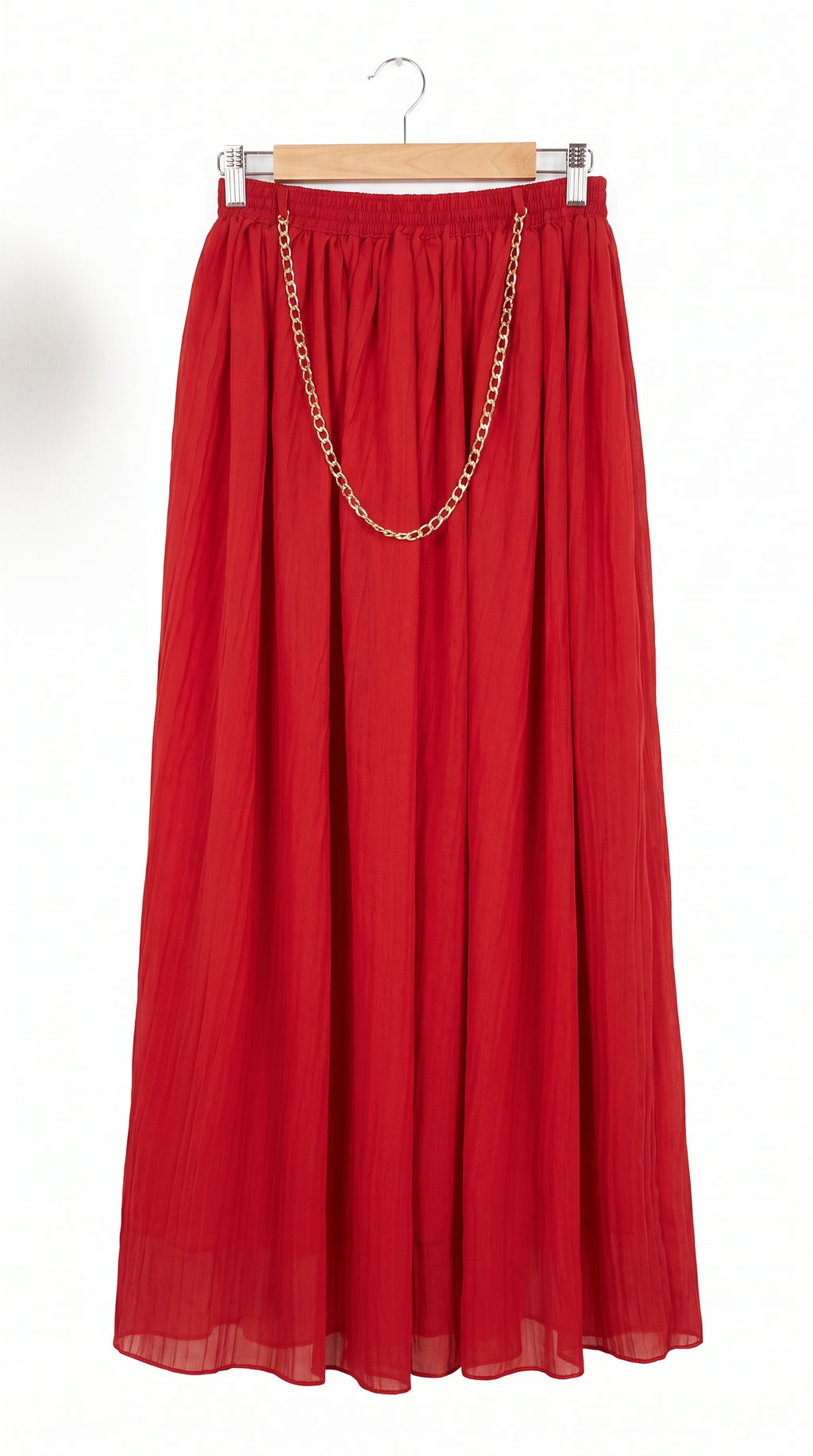 Scarlet Flow Elastic-Waist Maxi Skirt with Gold Chain Accent