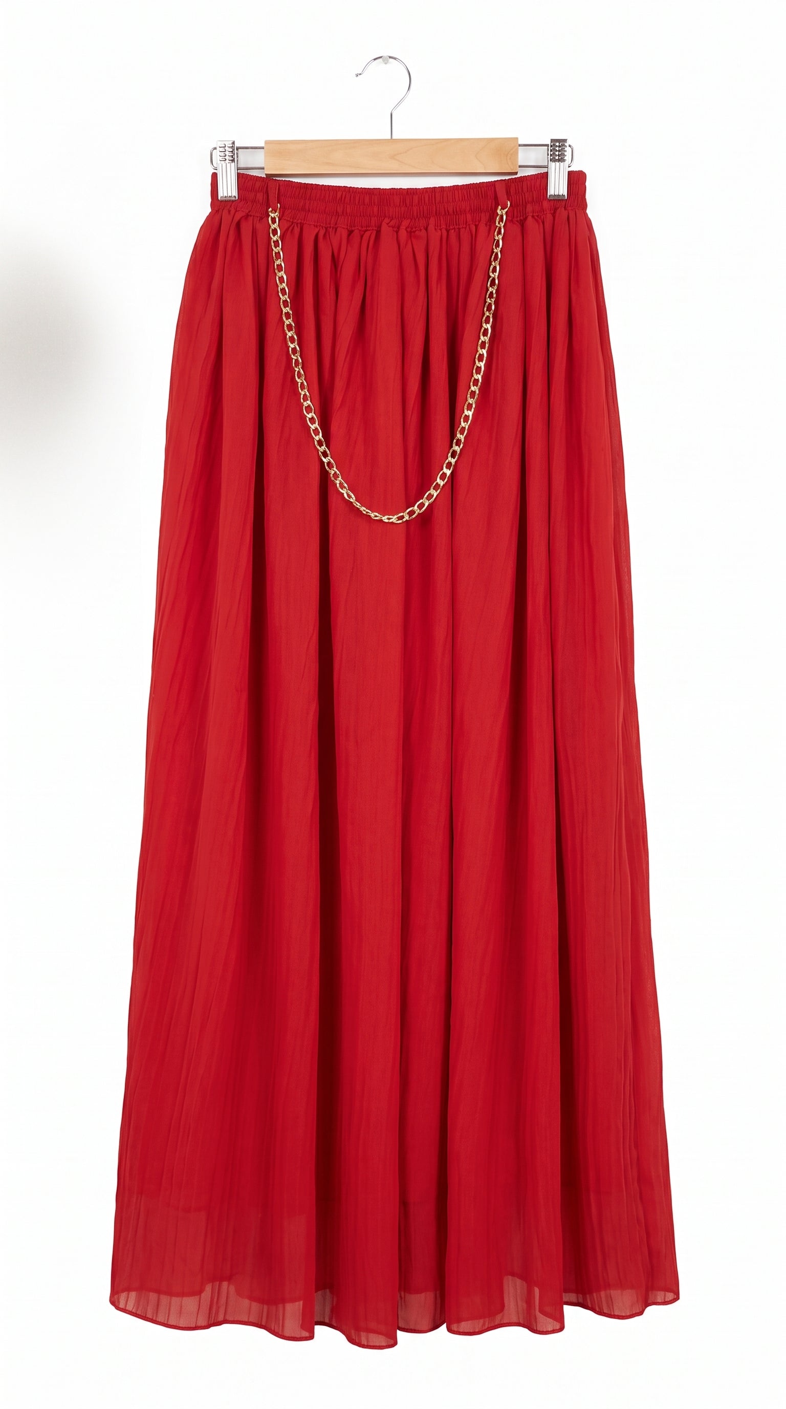 Scarlet Flow Elastic-Waist Maxi Skirt with Gold Chain Accent