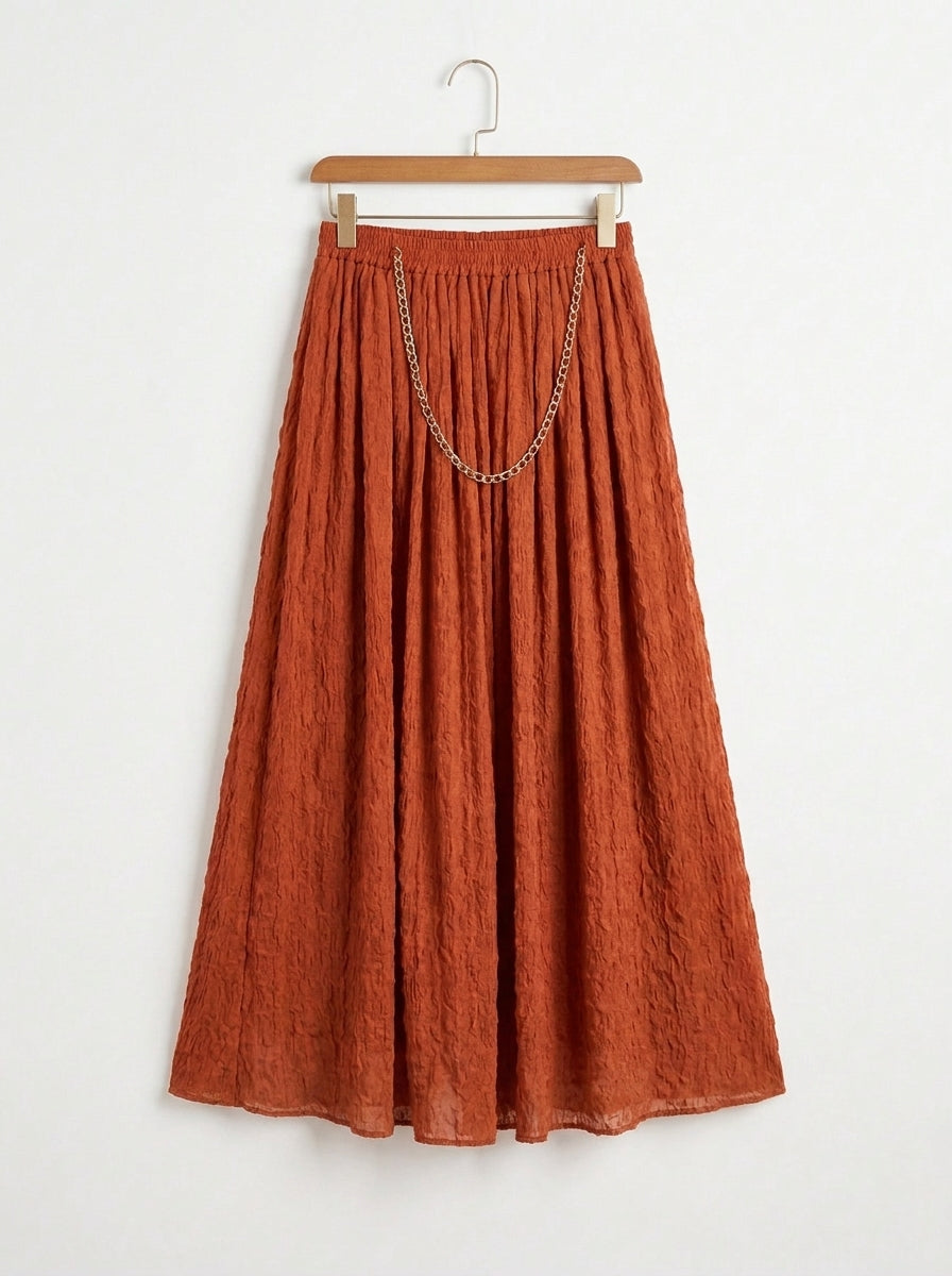 Rust Orange Pleated Crush Chiffon Maxi Skirt with Elastic Waist
