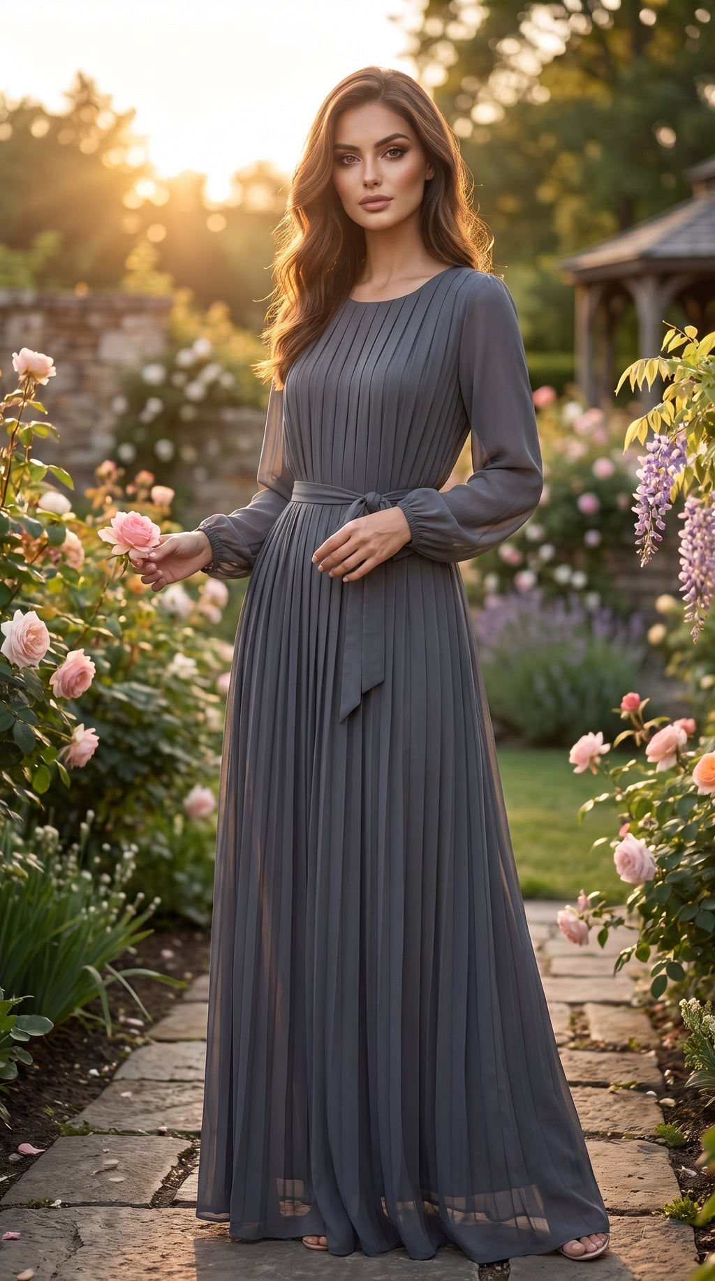 Slate Grey Fully Pleated Chiffon Maxi Dress – Belted Free Size