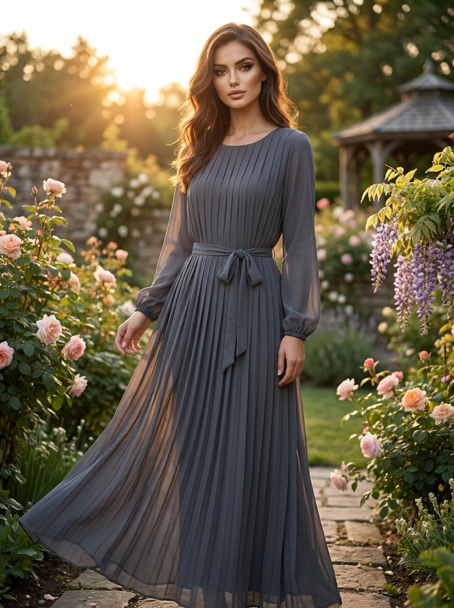 Slate Grey Fully Pleated Chiffon Maxi Dress – Belted Free Size