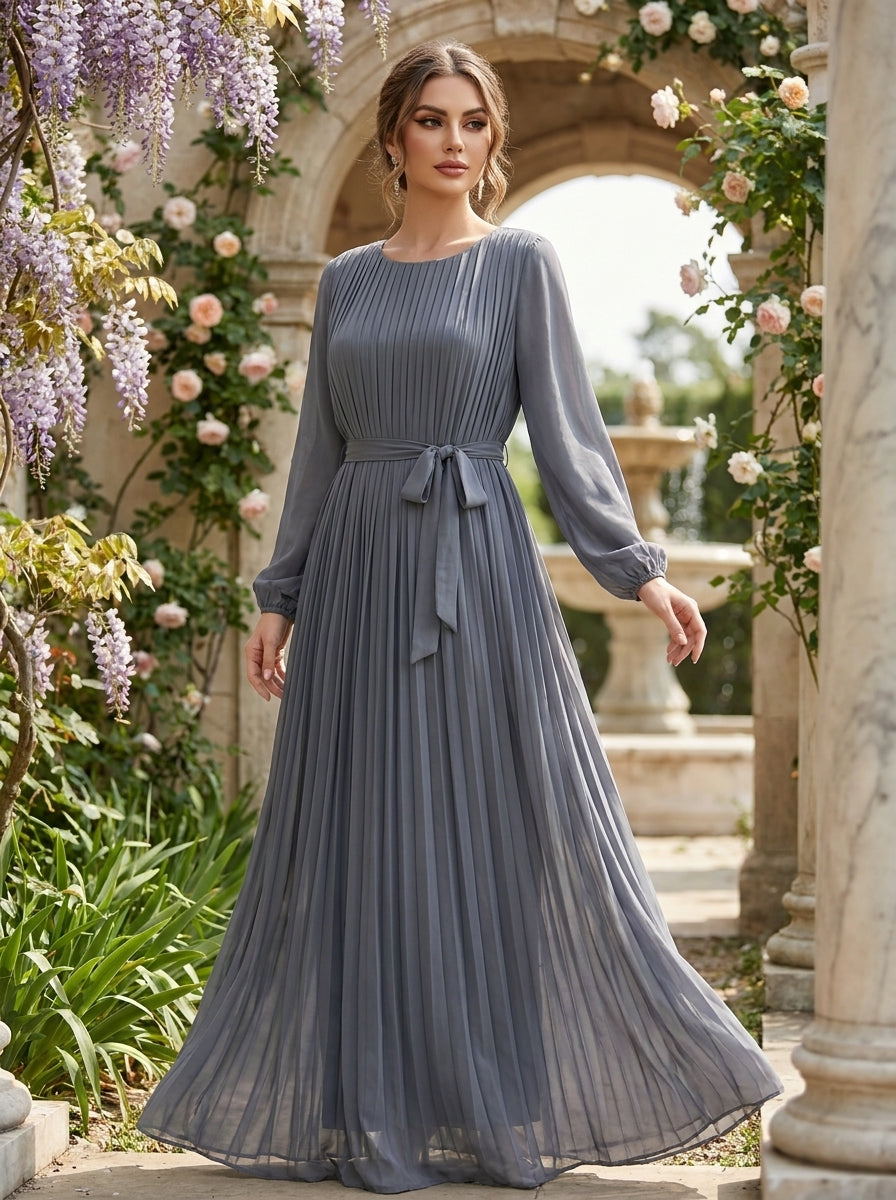 Slate Grey Fully Pleated Chiffon Maxi Dress – Belted Free Size