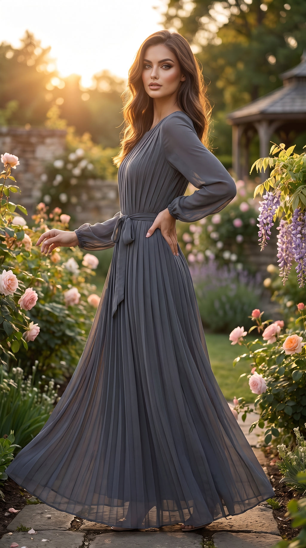Slate Grey Fully Pleated Chiffon Maxi Dress – Belted Free Size