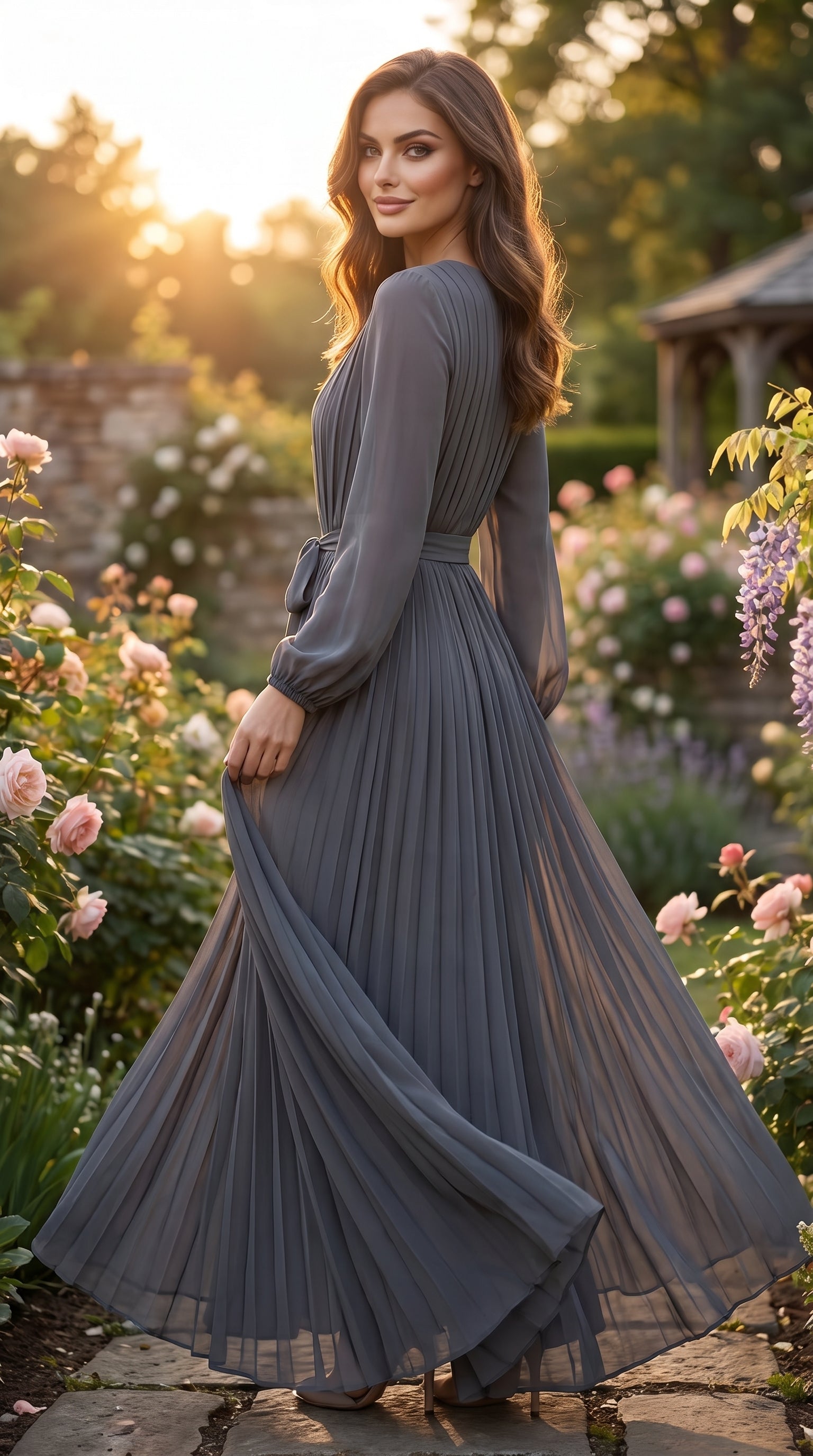 Slate Grey Fully Pleated Chiffon Maxi Dress – Belted Free Size