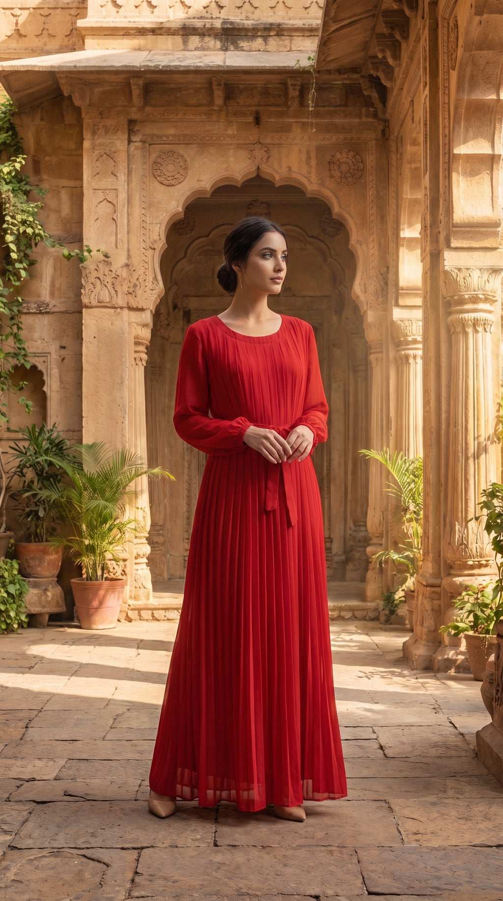 Red Fully Pleated Chiffon Maxi Dress – Belted Free Size