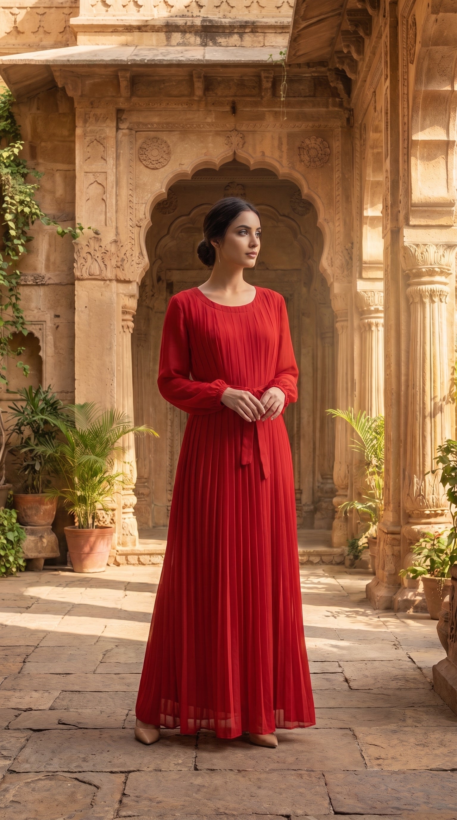 Red Fully Pleated Chiffon Maxi Dress – Belted Free Size