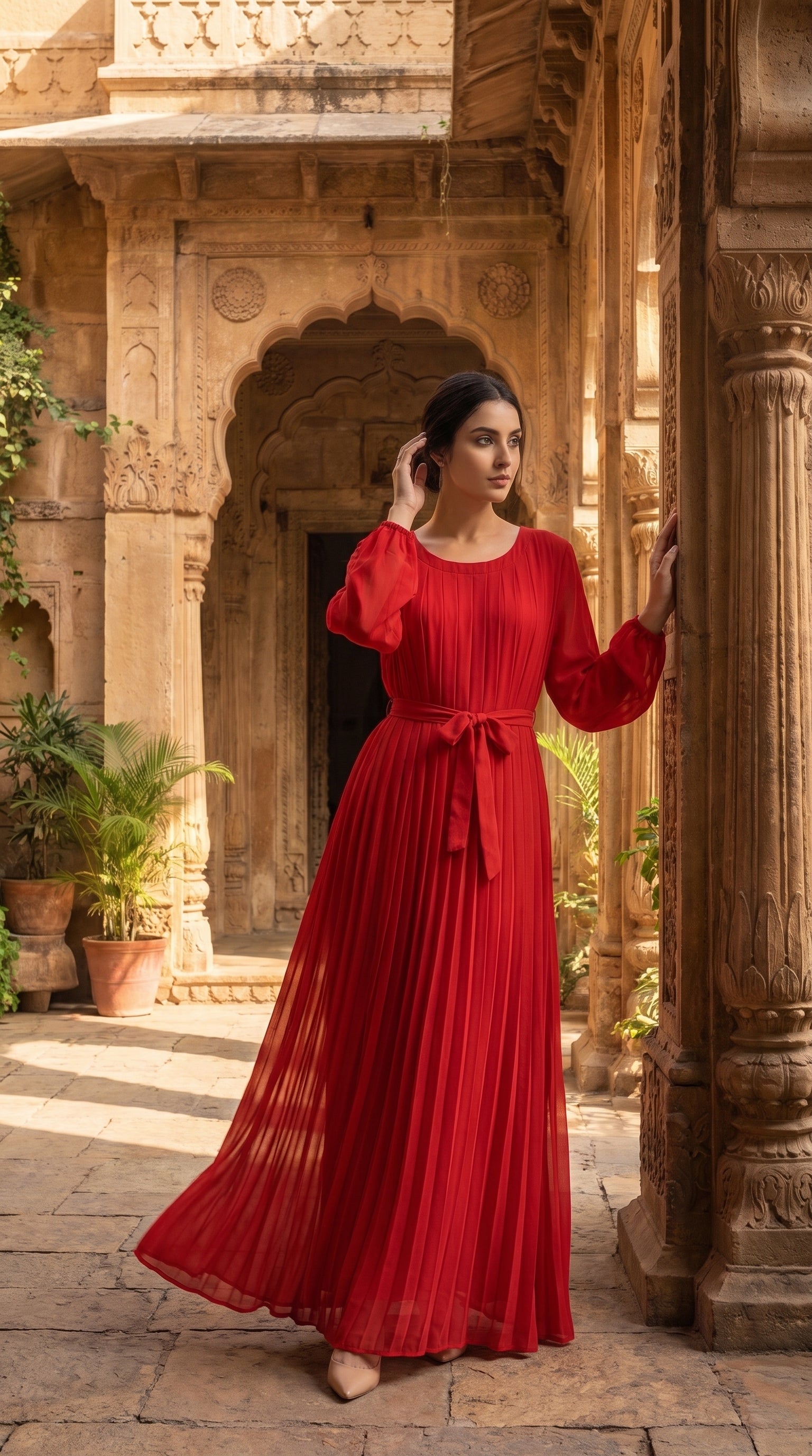 Red Fully Pleated Chiffon Maxi Dress – Belted Free Size