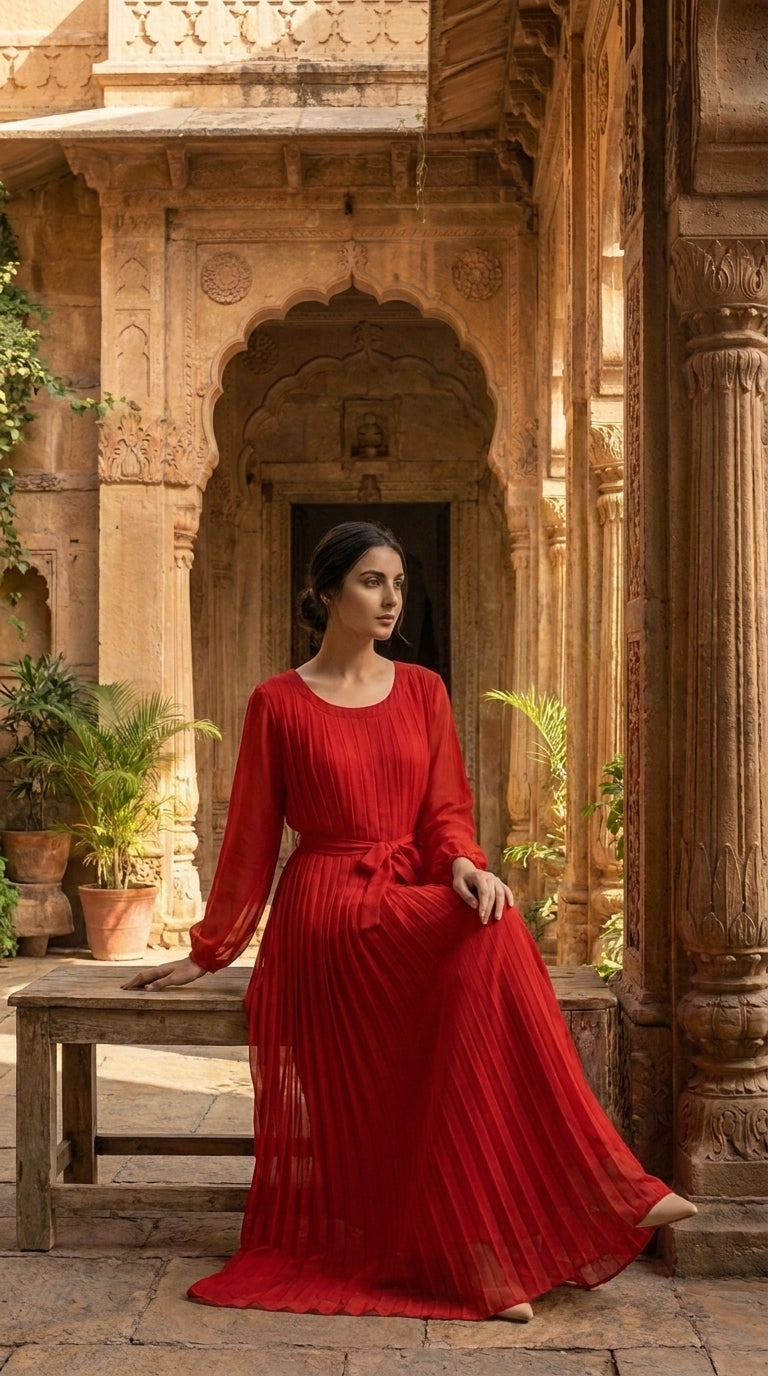 Red Fully Pleated Chiffon Maxi Dress – Belted Free Size