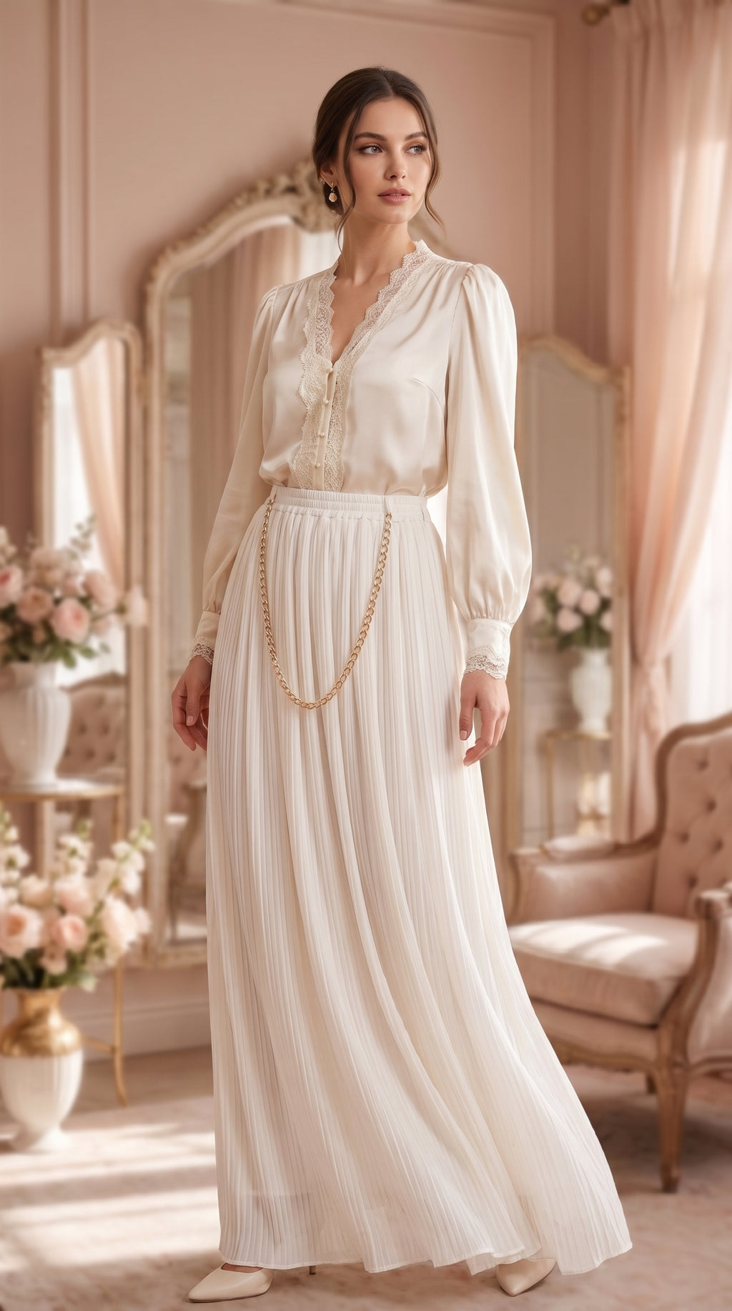 Ivory Pleats Maxi Skirt