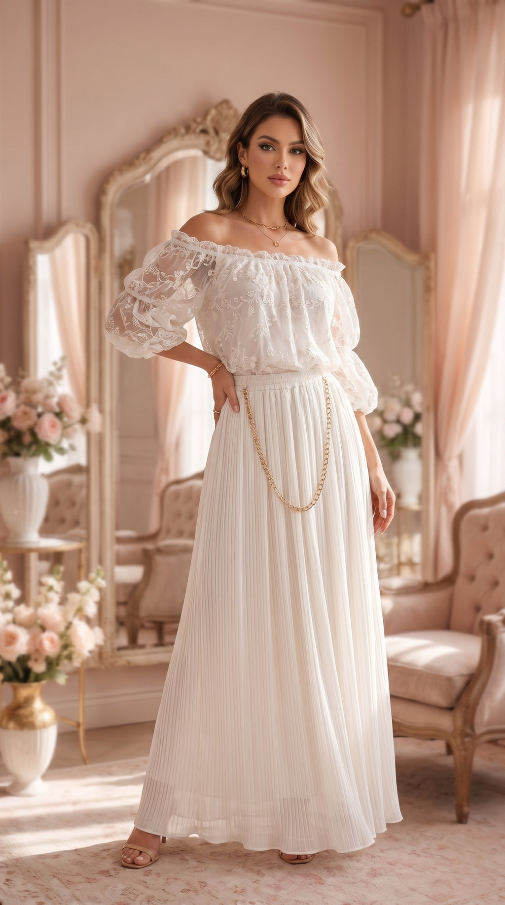 Ivory Pleats Maxi Skirt