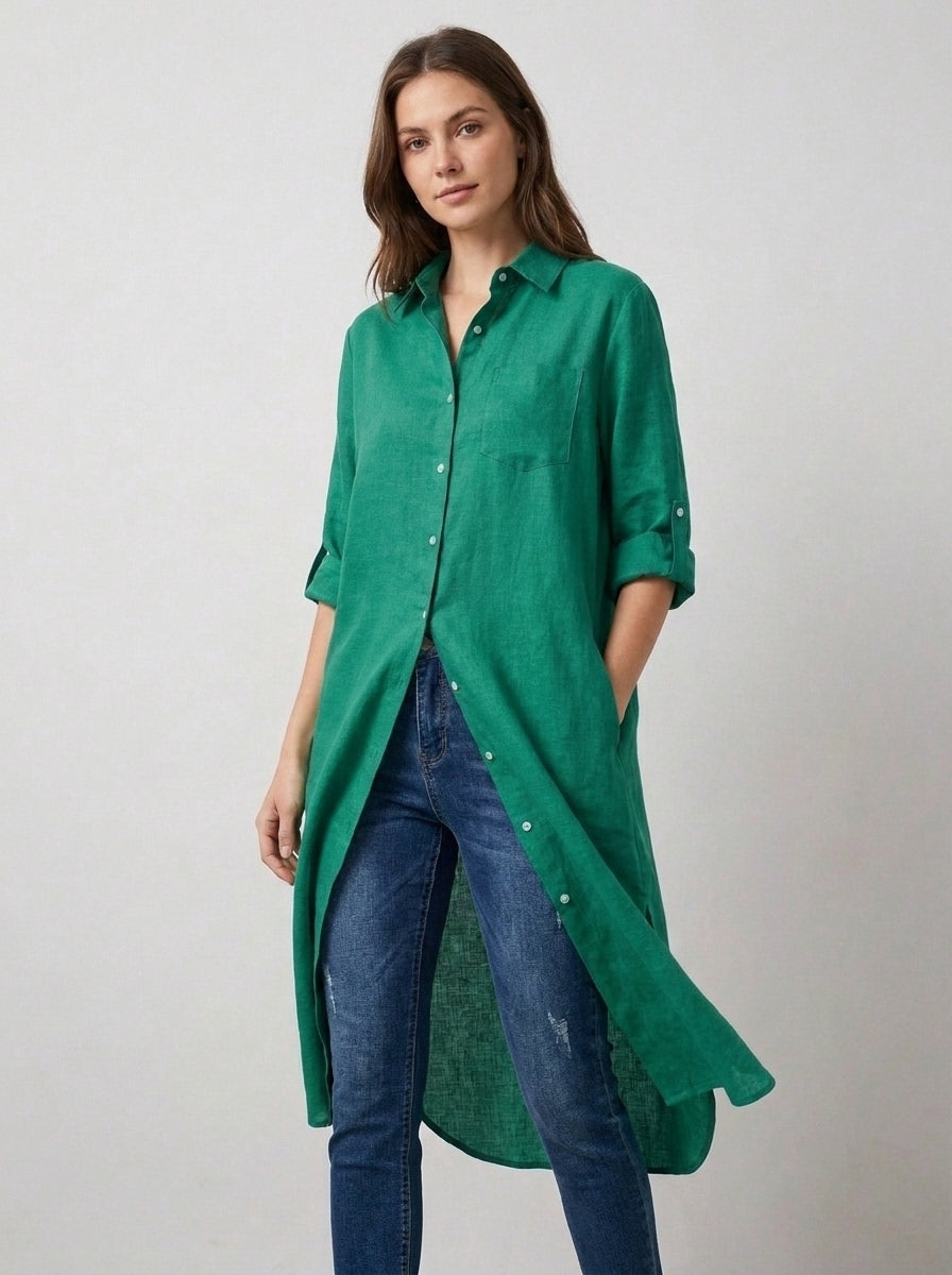 Sea Green Long Lawn Shirt Top With Roll-Up Sleeves & Pockets