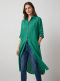 Sea Green Long Lawn Shirt Top With Roll-Up Sleeves & Pockets