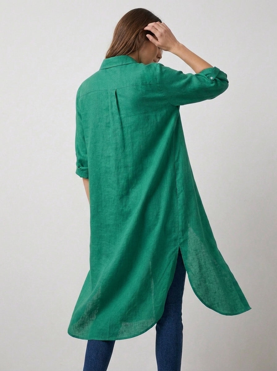 Sea Green Long Lawn Shirt Top With Roll-Up Sleeves & Pockets