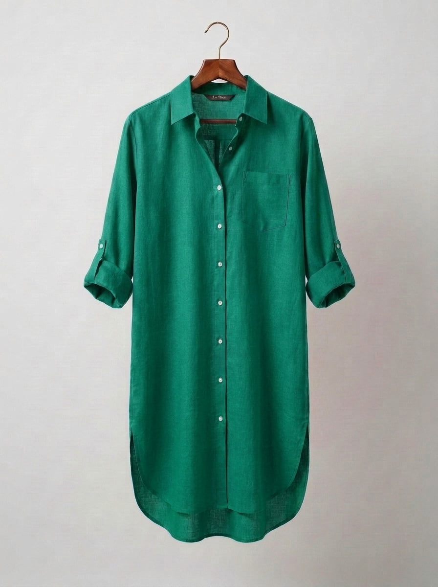 Sea Green Long Lawn Shirt Top With Roll-Up Sleeves & Pockets