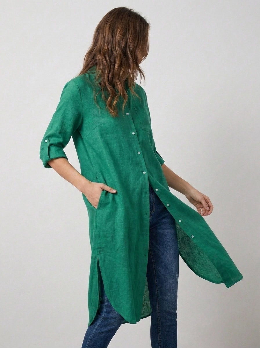 Sea Green Long Lawn Shirt Top With Roll-Up Sleeves & Pockets