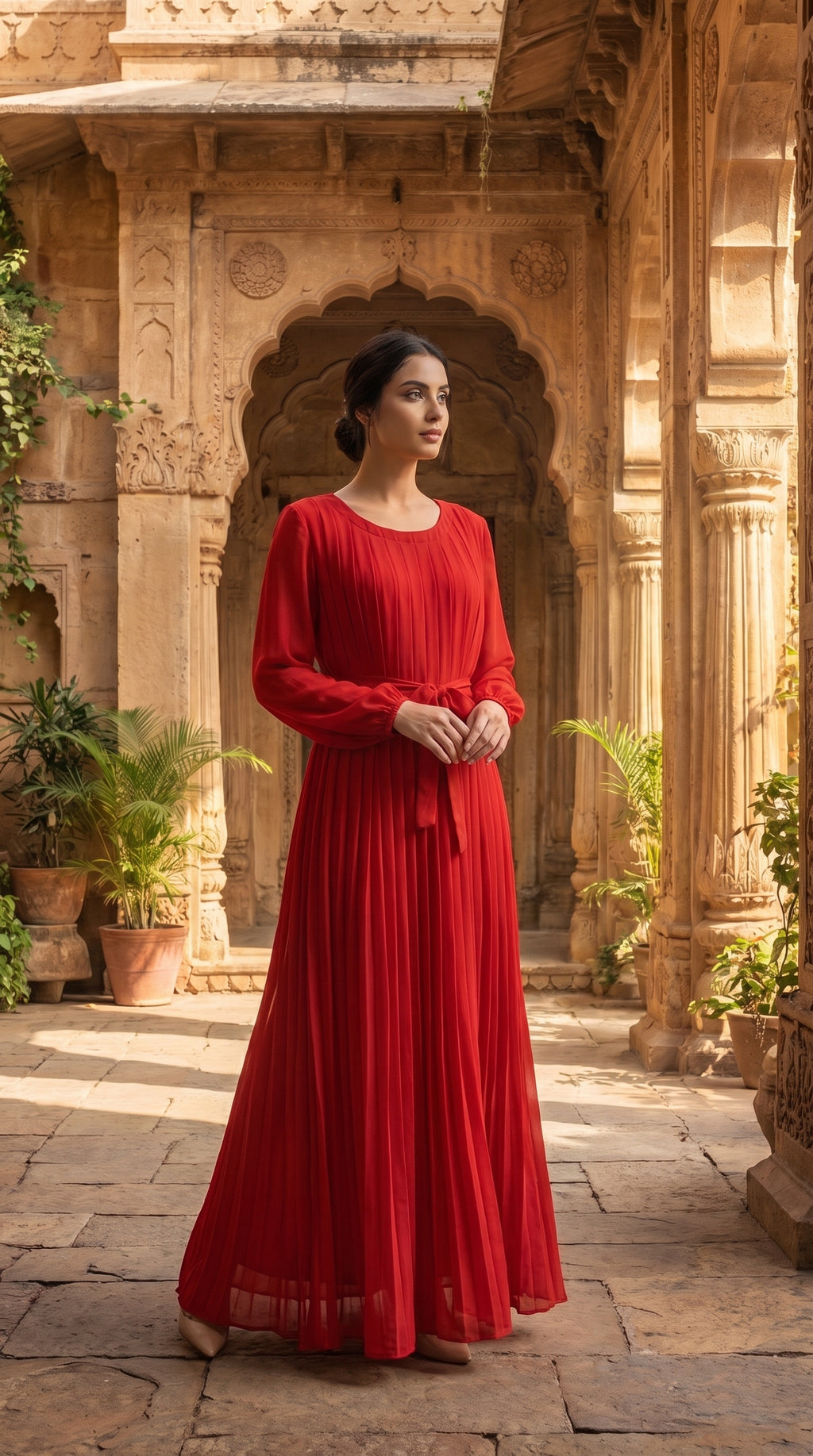 Red Fully Pleated Chiffon Maxi Dress – Belted Free Size